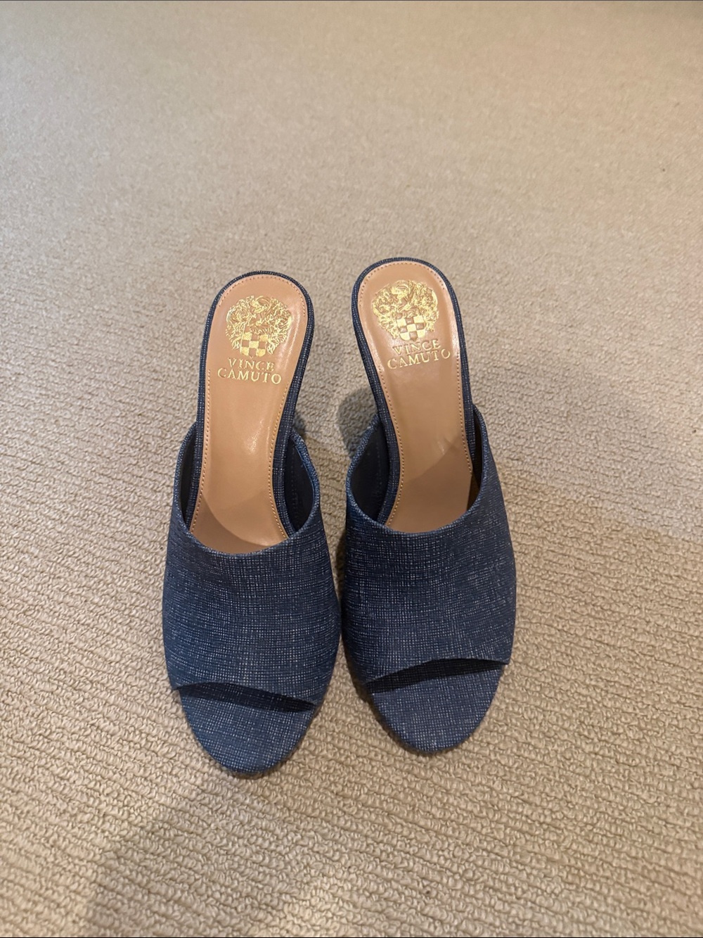Vince Camuto Denim-Textured Navy Open-Toe Mules